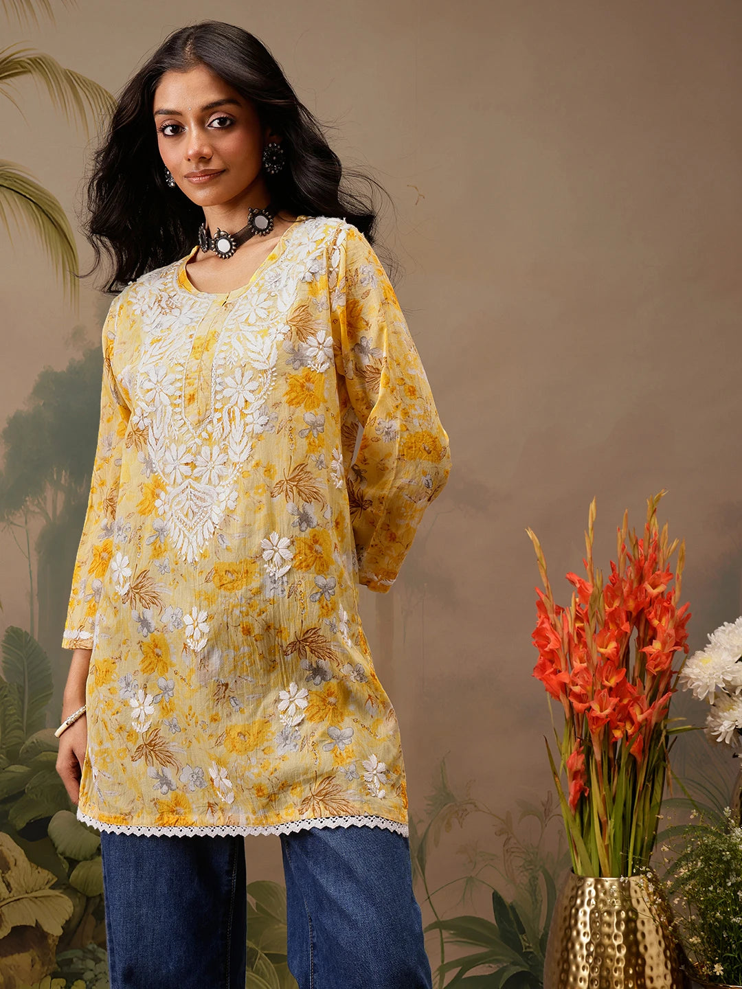 Ada Hand Embroidered Floral Printed Yellow Cotton Lucknowi Chikankari Short Kurti A911455