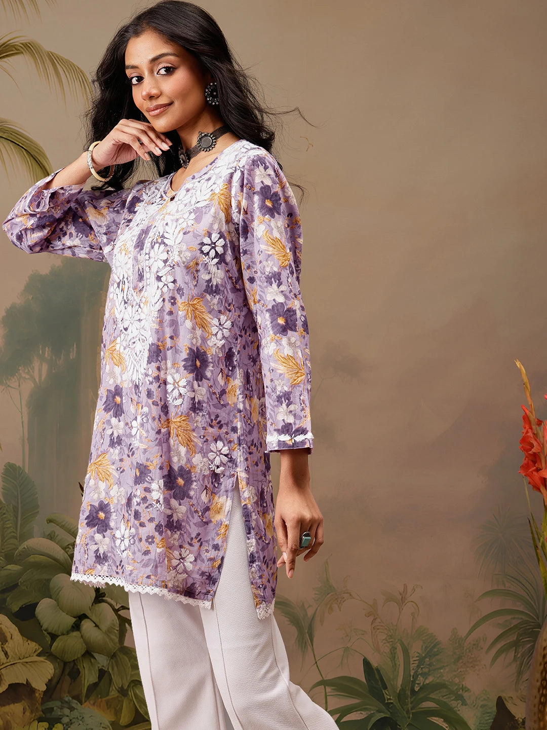Ada Hand Embroidered Floral Printed Lavender Cotton Lucknowi Chikankari Short Kurti A911457