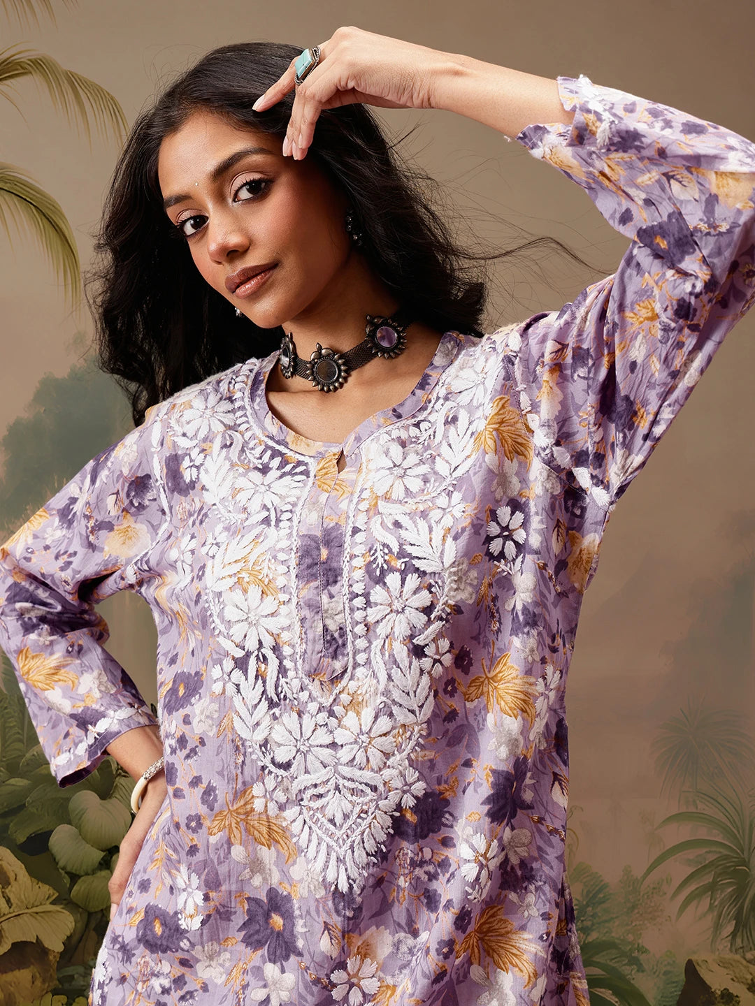 Ada Hand Embroidered Floral Printed Lavender Cotton Lucknowi Chikankari Short Kurti A911457