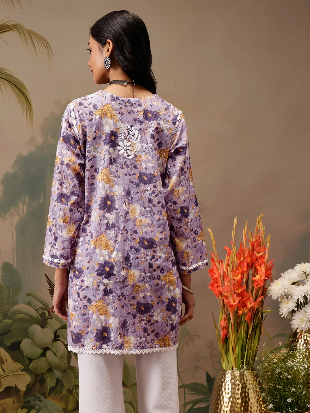 Ada Hand Embroidered Floral Printed Lavender Cotton Lucknowi Chikankari Short Kurti A911457