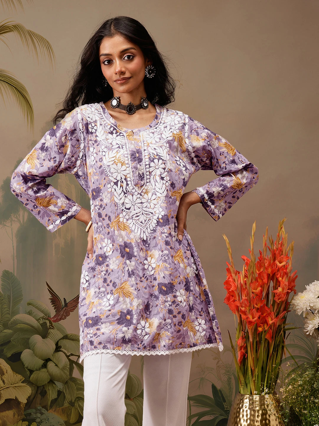 Ada Hand Embroidered Floral Printed Lavender Cotton Lucknowi Chikankari Short Kurti A911457