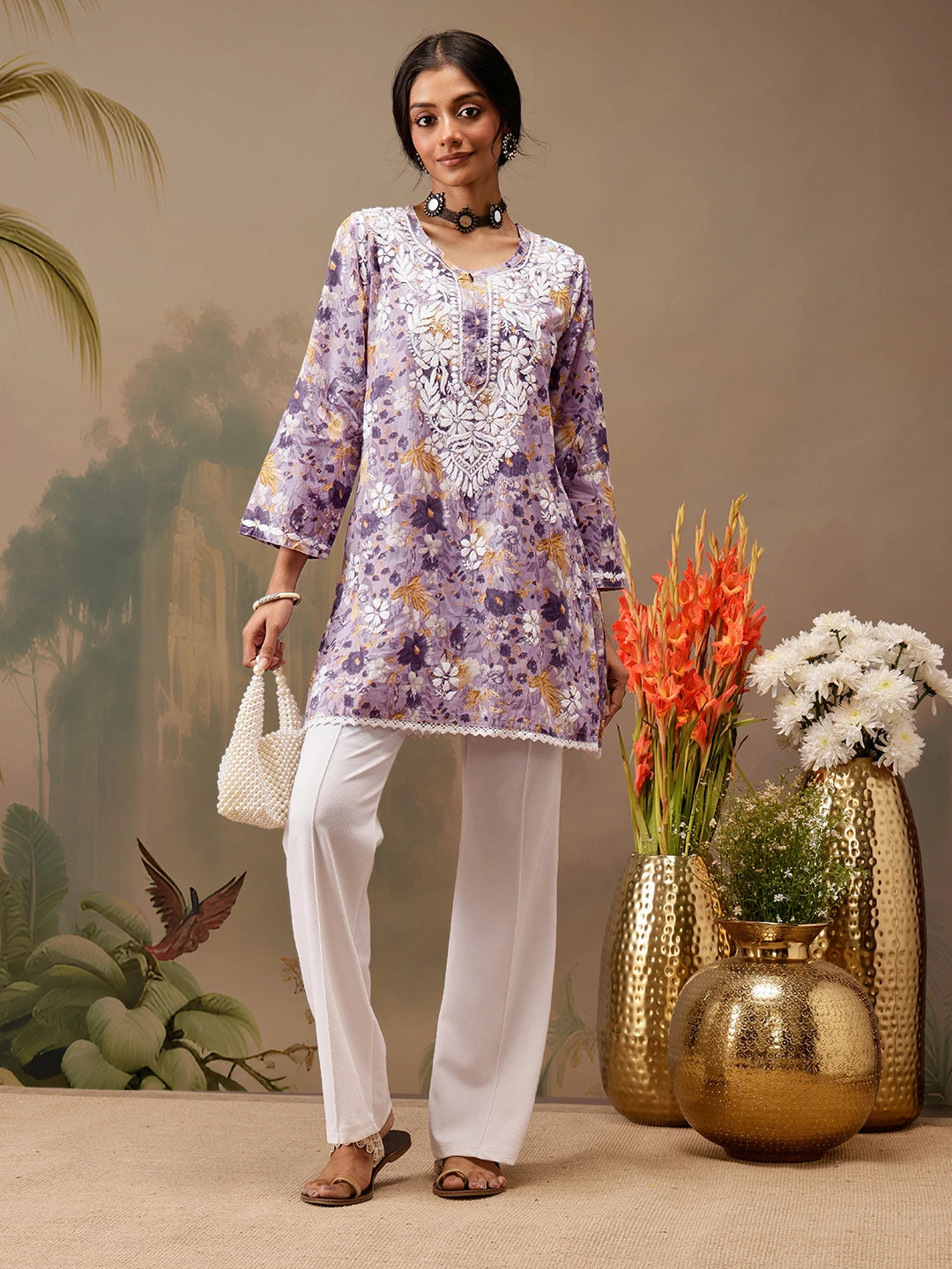 Ada Hand Embroidered Floral Printed Lavender Cotton Lucknowi Chikankari Short Kurti A911457
