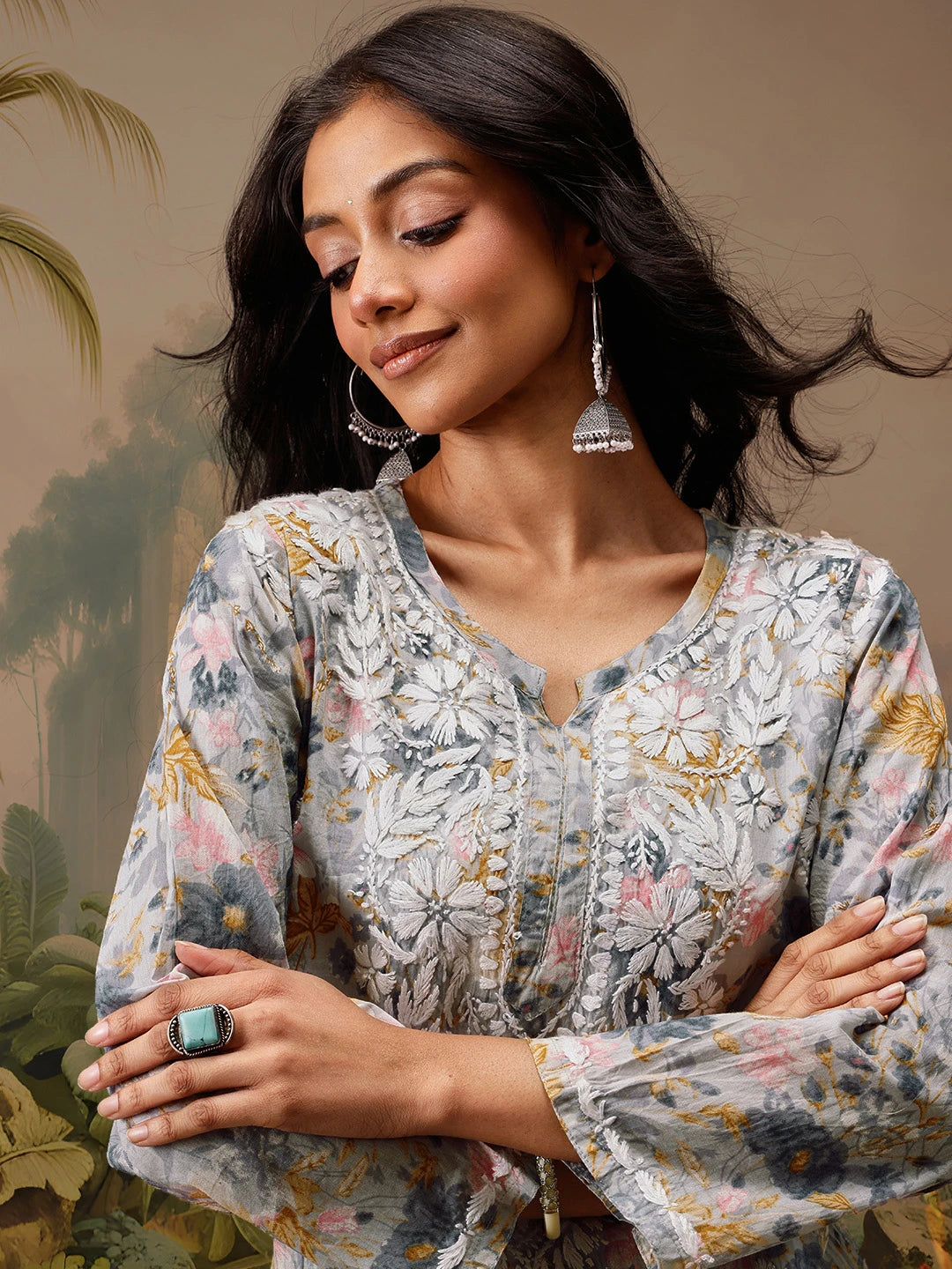 Ada Hand Embroidered Floral Printed Grey Cotton Lucknowi Chikankari Short Kurti A911456
