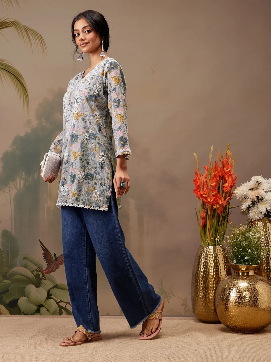 Ada Hand Embroidered Floral Printed Grey Cotton Lucknowi Chikankari Short Kurti A911456