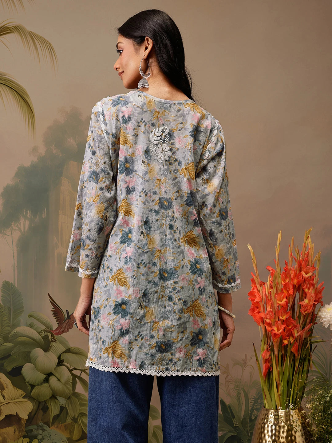 Ada Hand Embroidered Floral Printed Grey Cotton Lucknowi Chikankari Short Kurti A911456