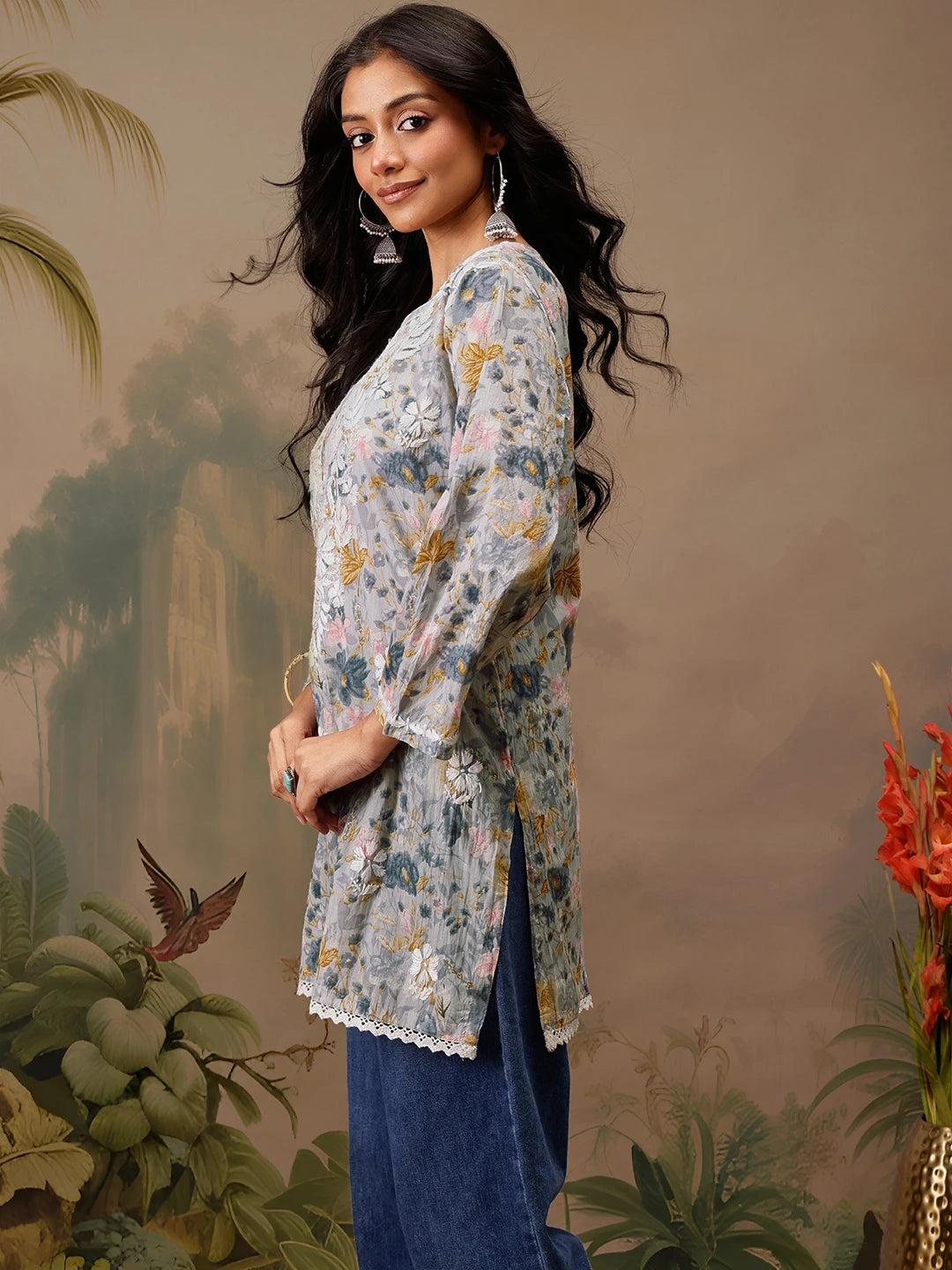Ada Hand Embroidered Floral Printed Grey Cotton Lucknowi Chikankari Short Kurti A911456