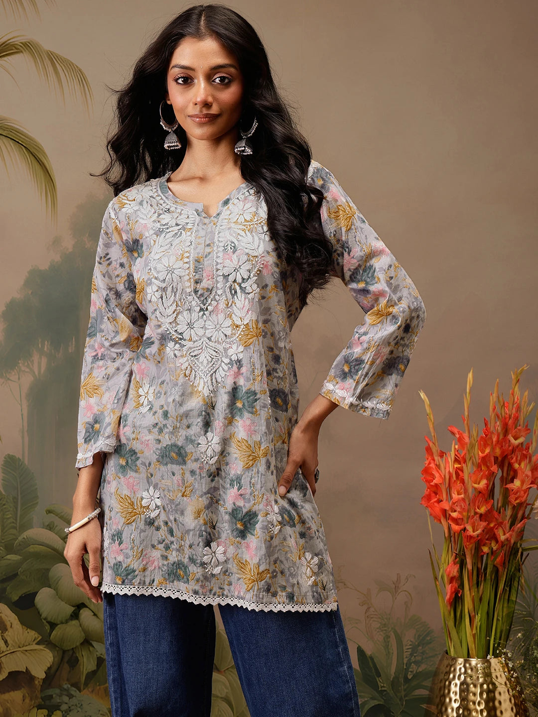 Ada Hand Embroidered Floral Printed Grey Cotton Lucknowi Chikankari Short Kurti A911456