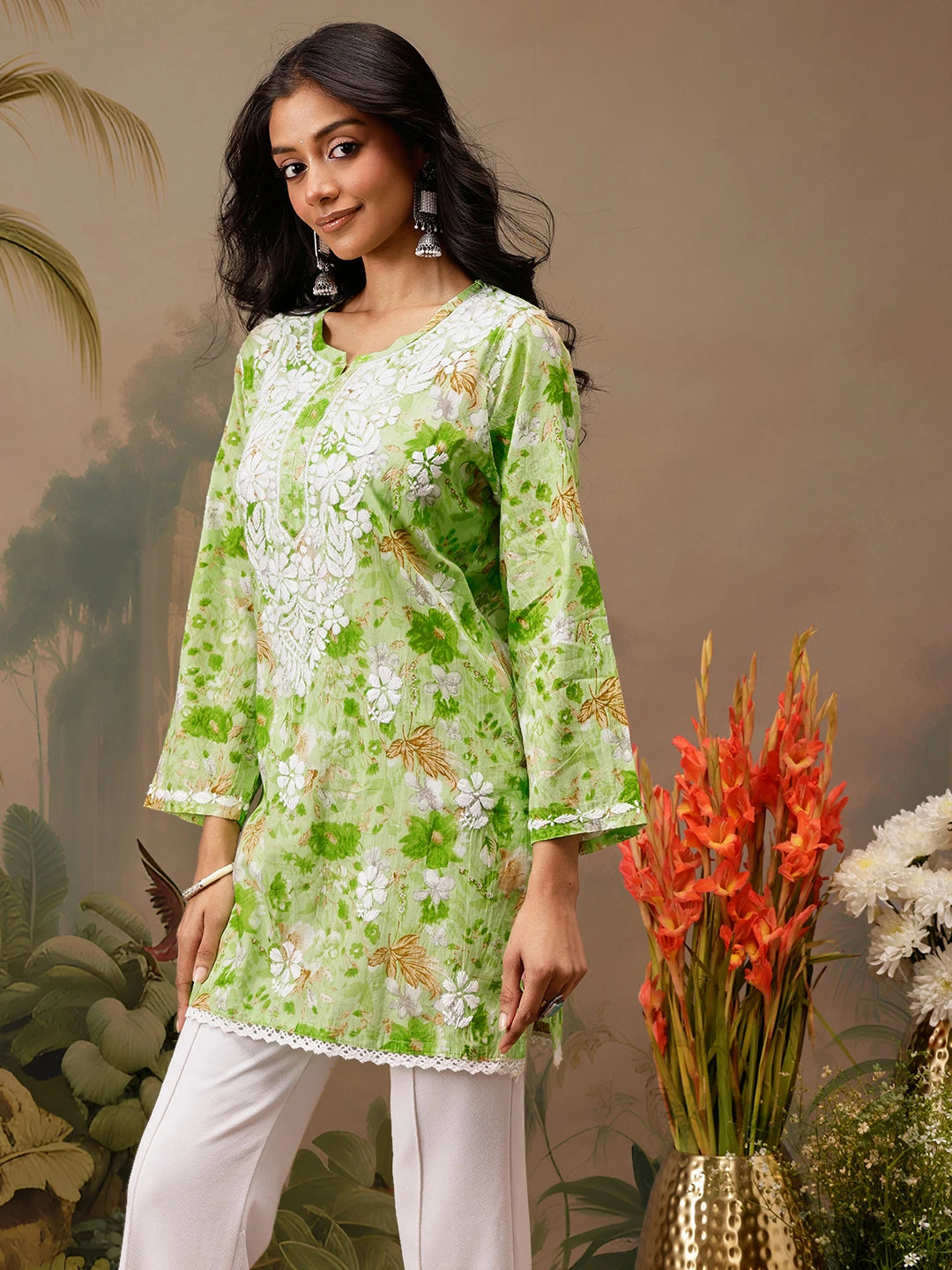 Ada Hand Embroidered Floral Printed Green Cotton Lucknowi Chikankari Short Kurti A911458
