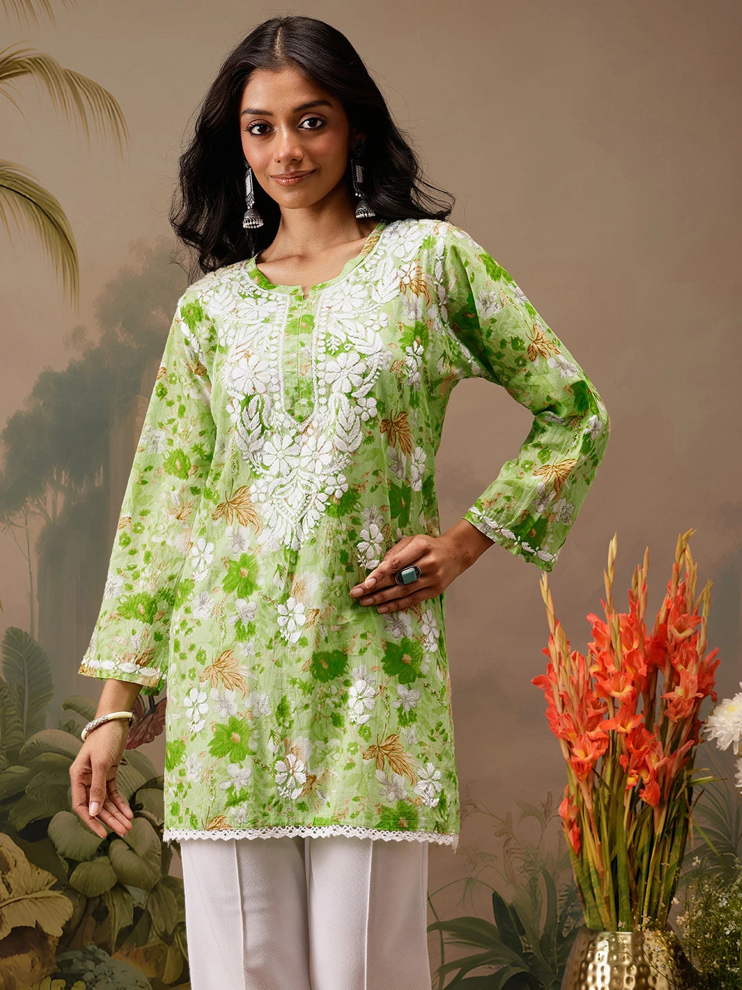 Ada Hand Embroidered Floral Printed Green Cotton Lucknowi Chikankari Short Kurti A911458
