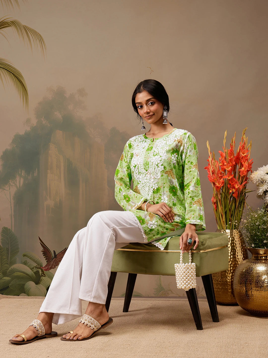 Ada Hand Embroidered Floral Printed Green Cotton Lucknowi Chikankari Short Kurti A911458