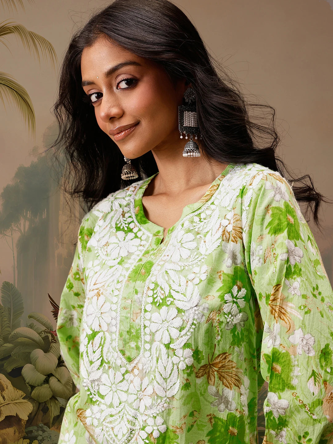 Ada Hand Embroidered Floral Printed Green Cotton Lucknowi Chikankari Short Kurti A911458