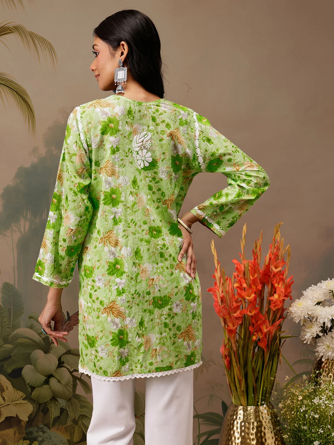 Ada Hand Embroidered Floral Printed Green Cotton Lucknowi Chikankari Short Kurti A911458