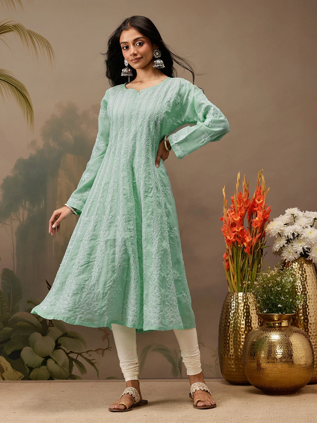 Ada Hand Embroidered Sea Green Cotton Lucknowi Chikankari Anarkali A-line Kurta A411740