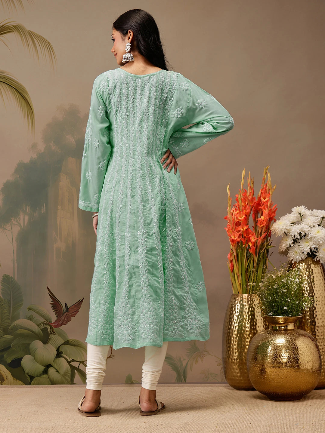 Ada Hand Embroidered Sea Green Cotton Lucknowi Chikankari Anarkali A-line Kurta A411740