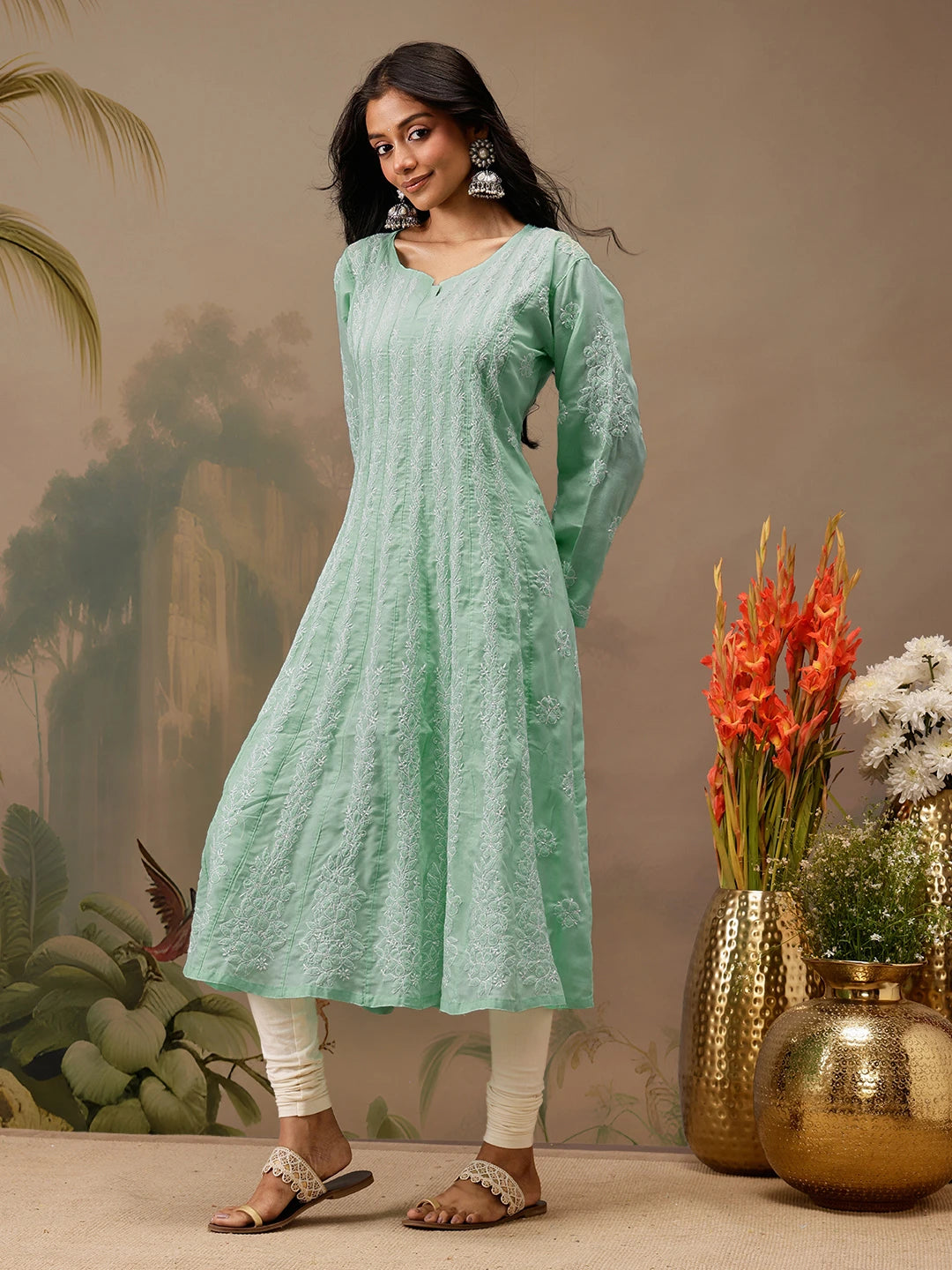 Ada Hand Embroidered Sea Green Cotton Lucknowi Chikankari Anarkali A-line Kurta A411740