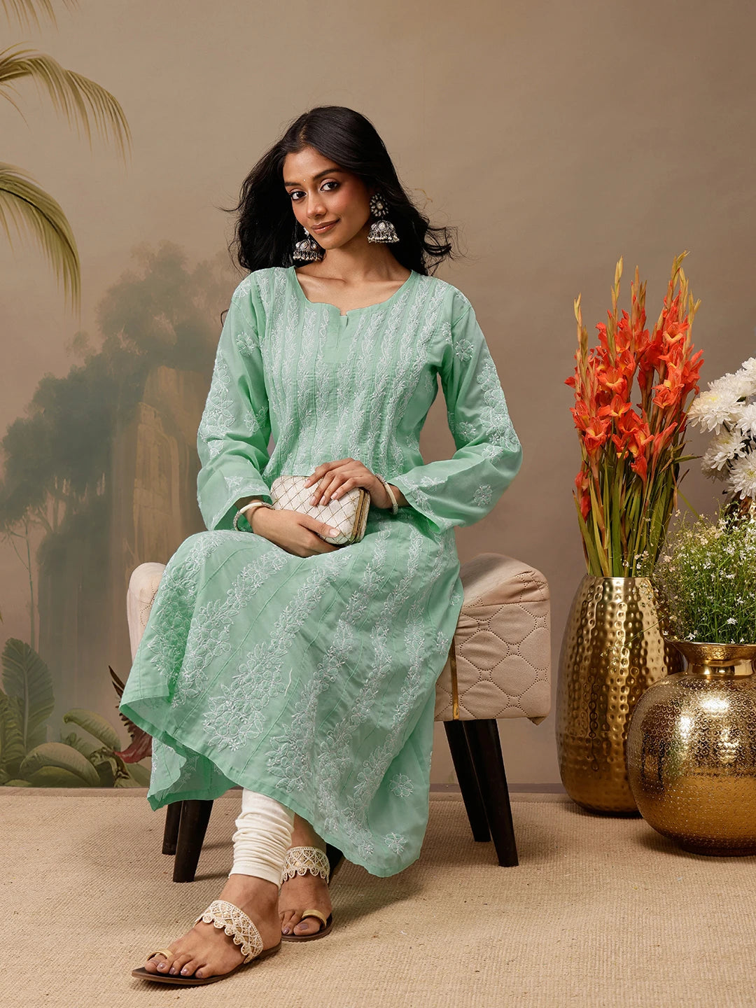 Ada Hand Embroidered Sea Green Cotton Lucknowi Chikankari Anarkali A-line Kurta A411740
