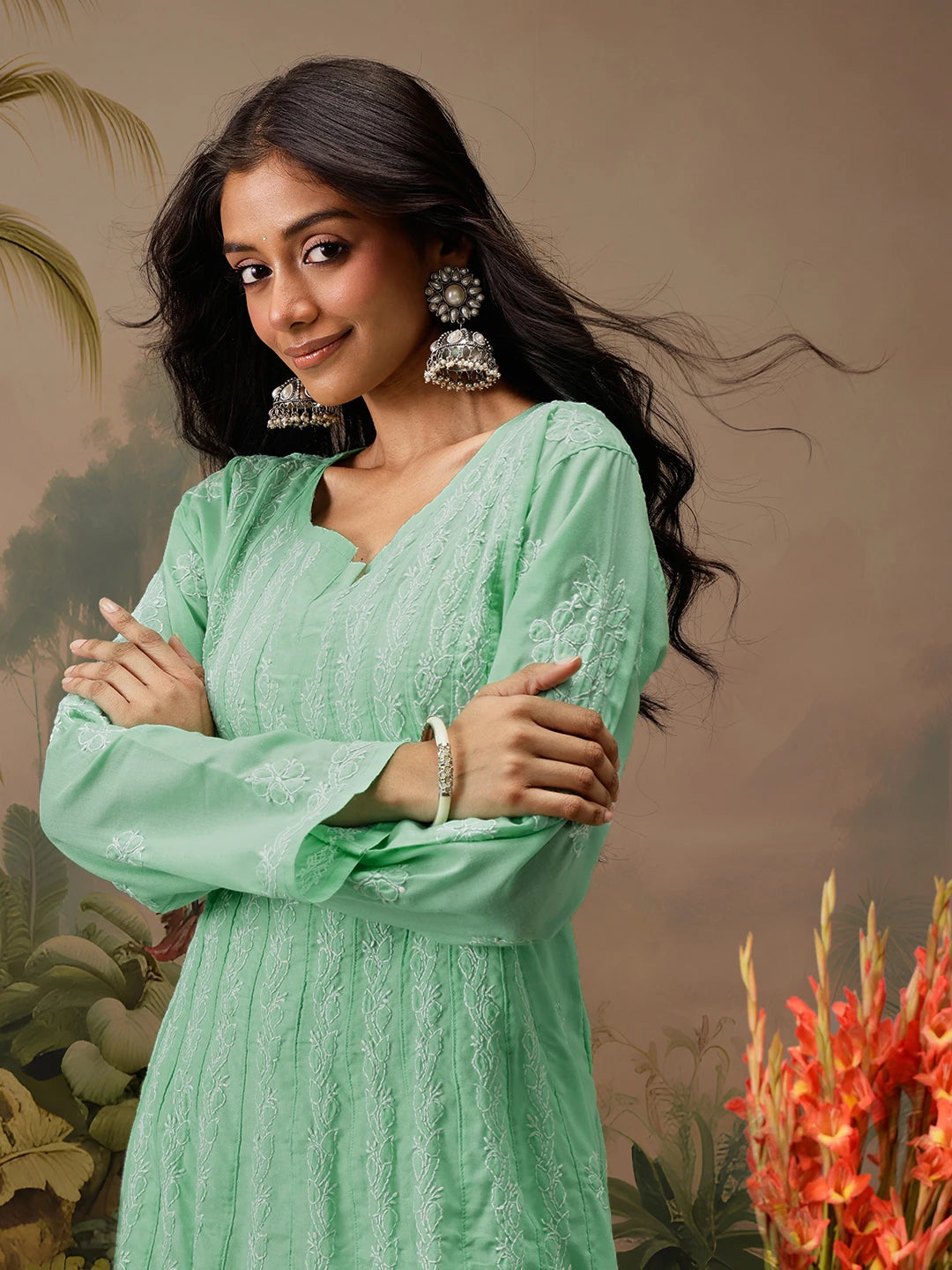 Ada Hand Embroidered Sea Green Cotton Lucknowi Chikankari Anarkali A-line Kurta A411740
