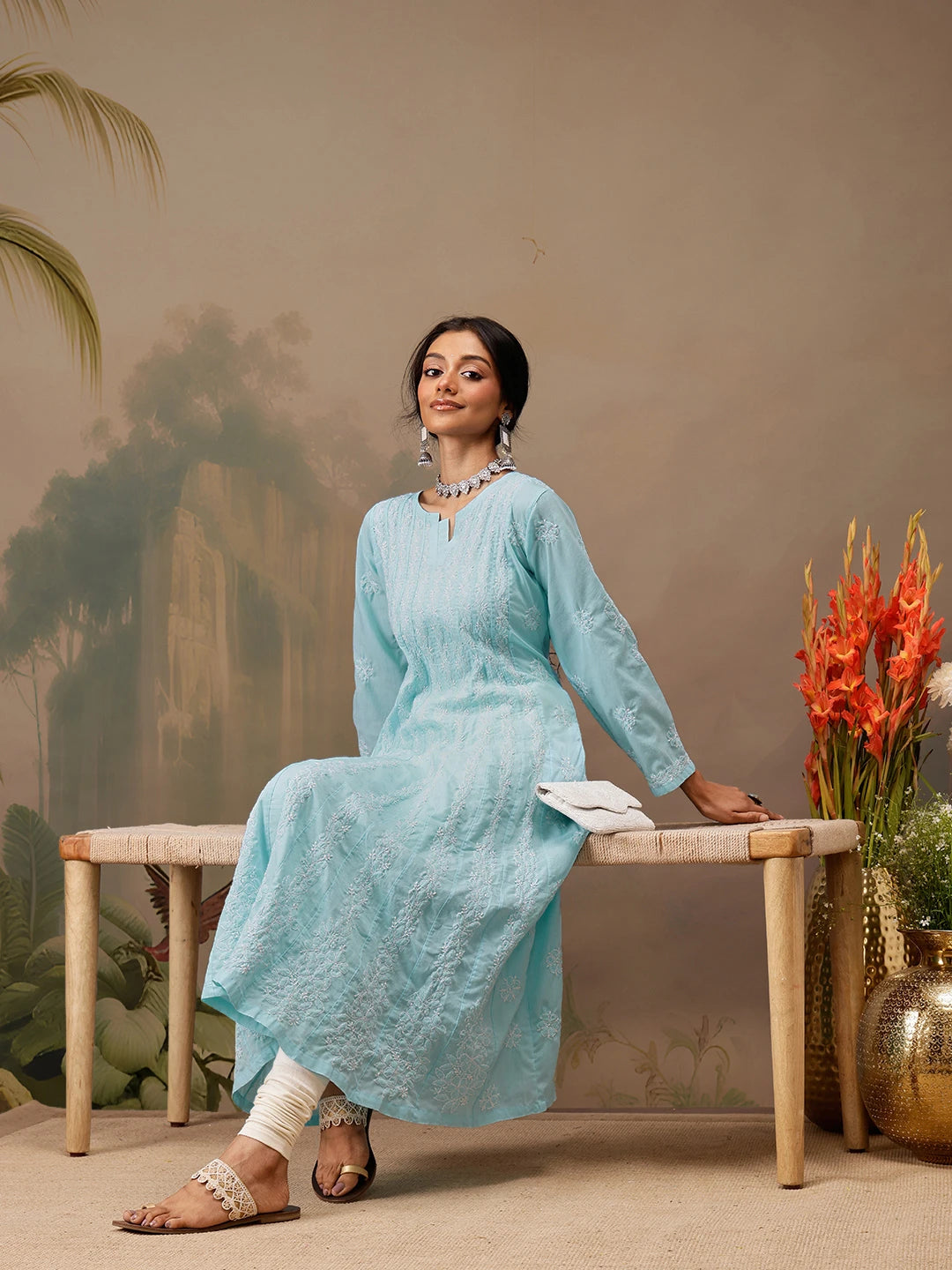 Ada Hand Embroidered Blue Cotton Lucknowi Chikankari Anarkali A-line Kurta A411738