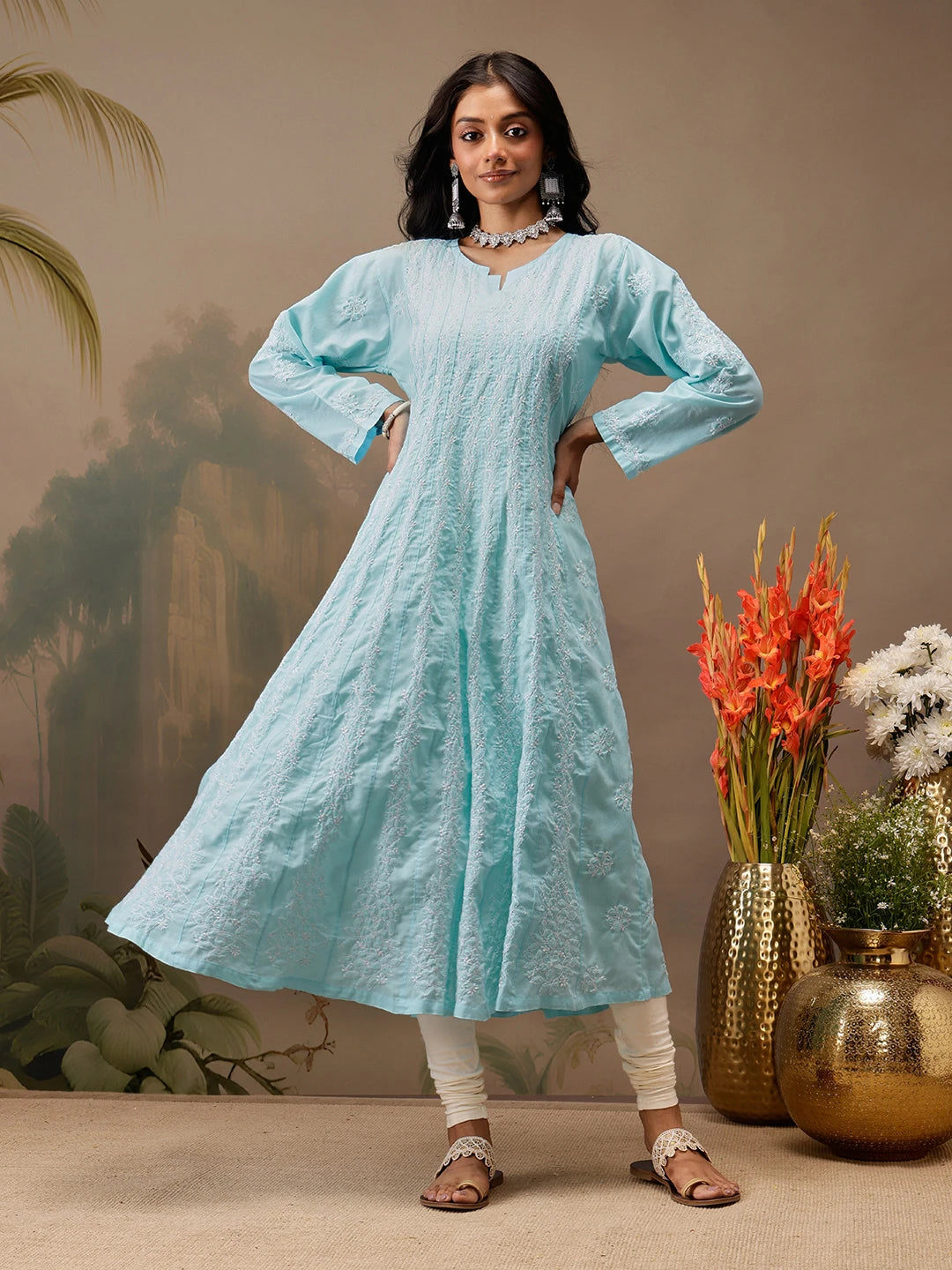 Ada Hand Embroidered Blue Cotton Lucknowi Chikankari Anarkali A-line Kurta A411738