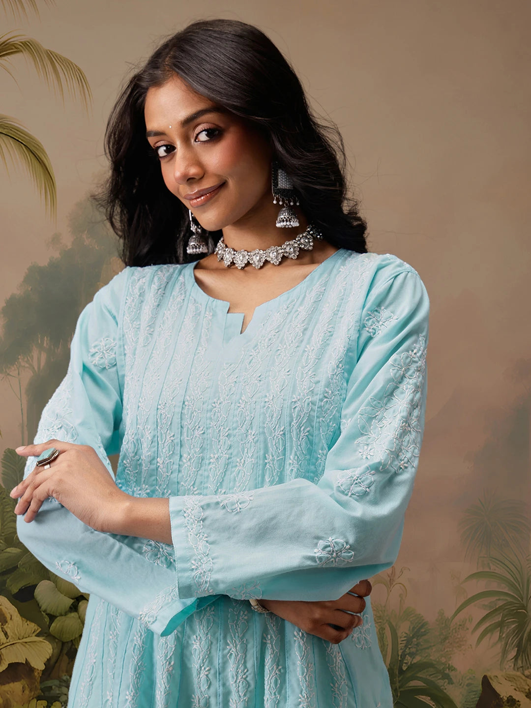 Ada Hand Embroidered Blue Cotton Lucknowi Chikankari Anarkali A-line Kurta A411738