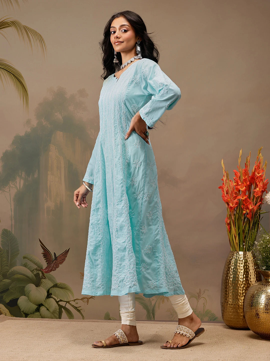 Ada Hand Embroidered Blue Cotton Lucknowi Chikankari Anarkali A-line Kurta A411738