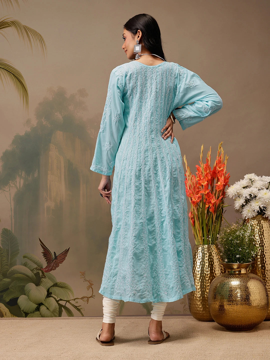 Ada Hand Embroidered Blue Cotton Lucknowi Chikankari Anarkali A-line Kurta A411738