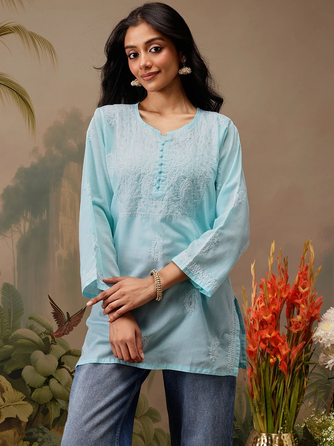 Ada Hand Embroidered Blue Cotton Lucknowi Chikankari Short Kurti A911462