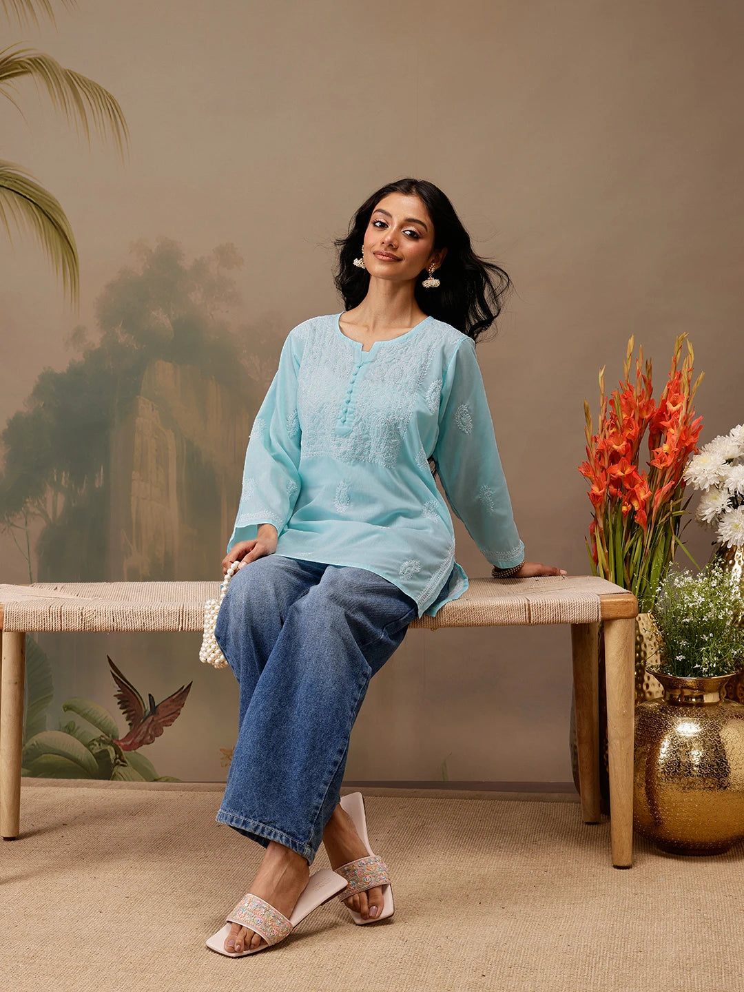Ada Hand Embroidered Blue Cotton Lucknowi Chikankari Short Kurti A911462