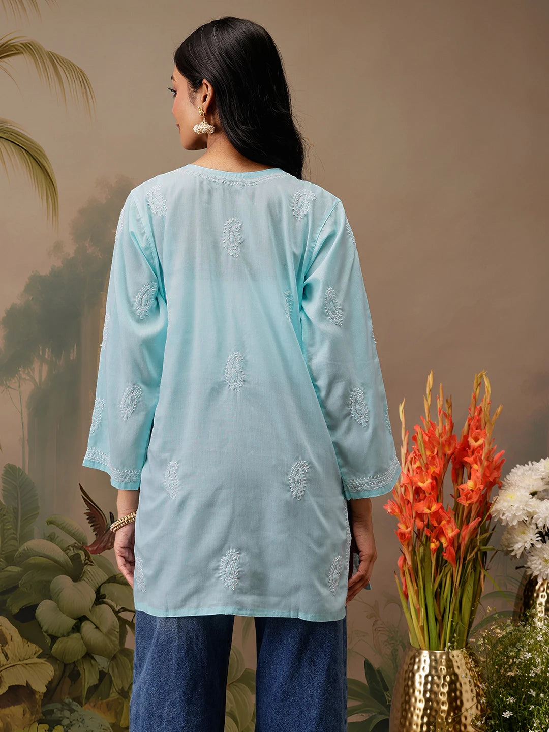 Ada Hand Embroidered Blue Cotton Lucknowi Chikankari Short Kurti A911462