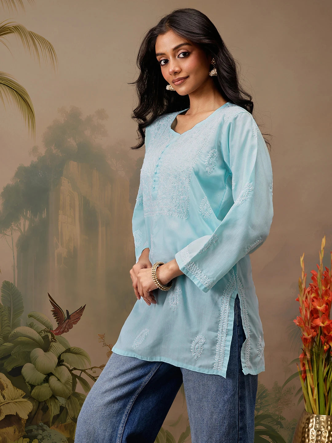 Ada Hand Embroidered Blue Cotton Lucknowi Chikankari Short Kurti A911462