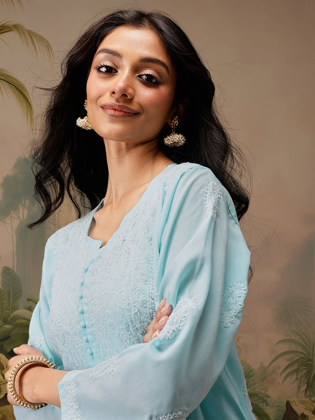 Ada Hand Embroidered Blue Cotton Lucknowi Chikankari Short Kurti A911462