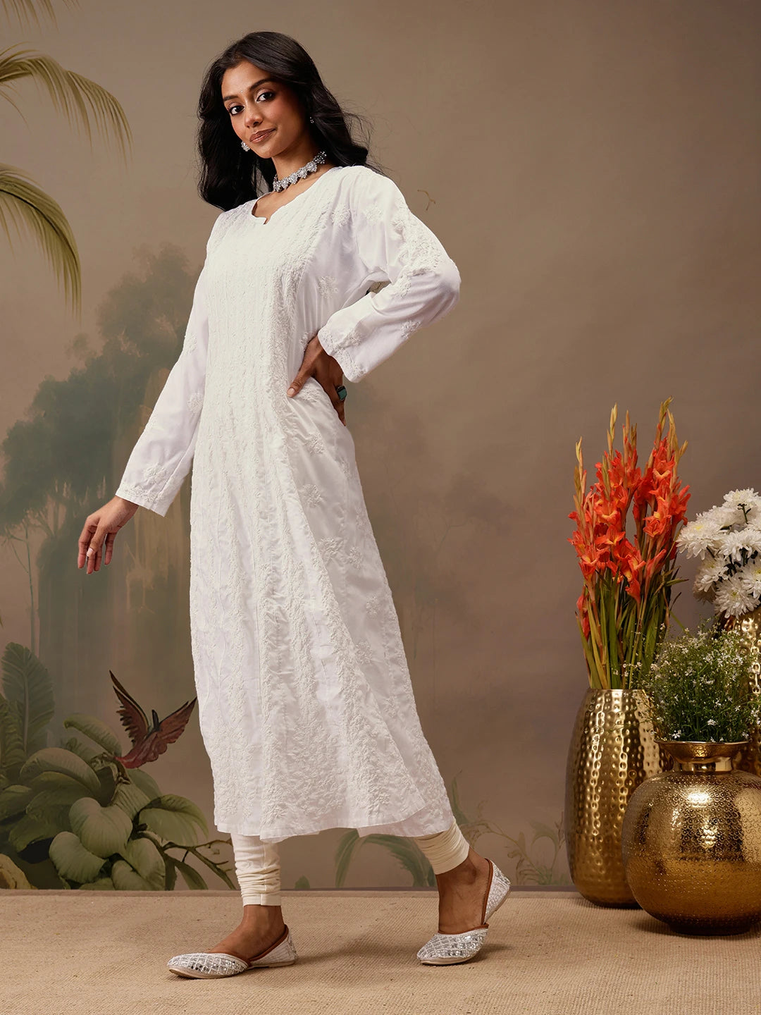 Ada Hand Embroidered White Cotton Lucknowi Chikankari Anarkali A-line Kurta A411737