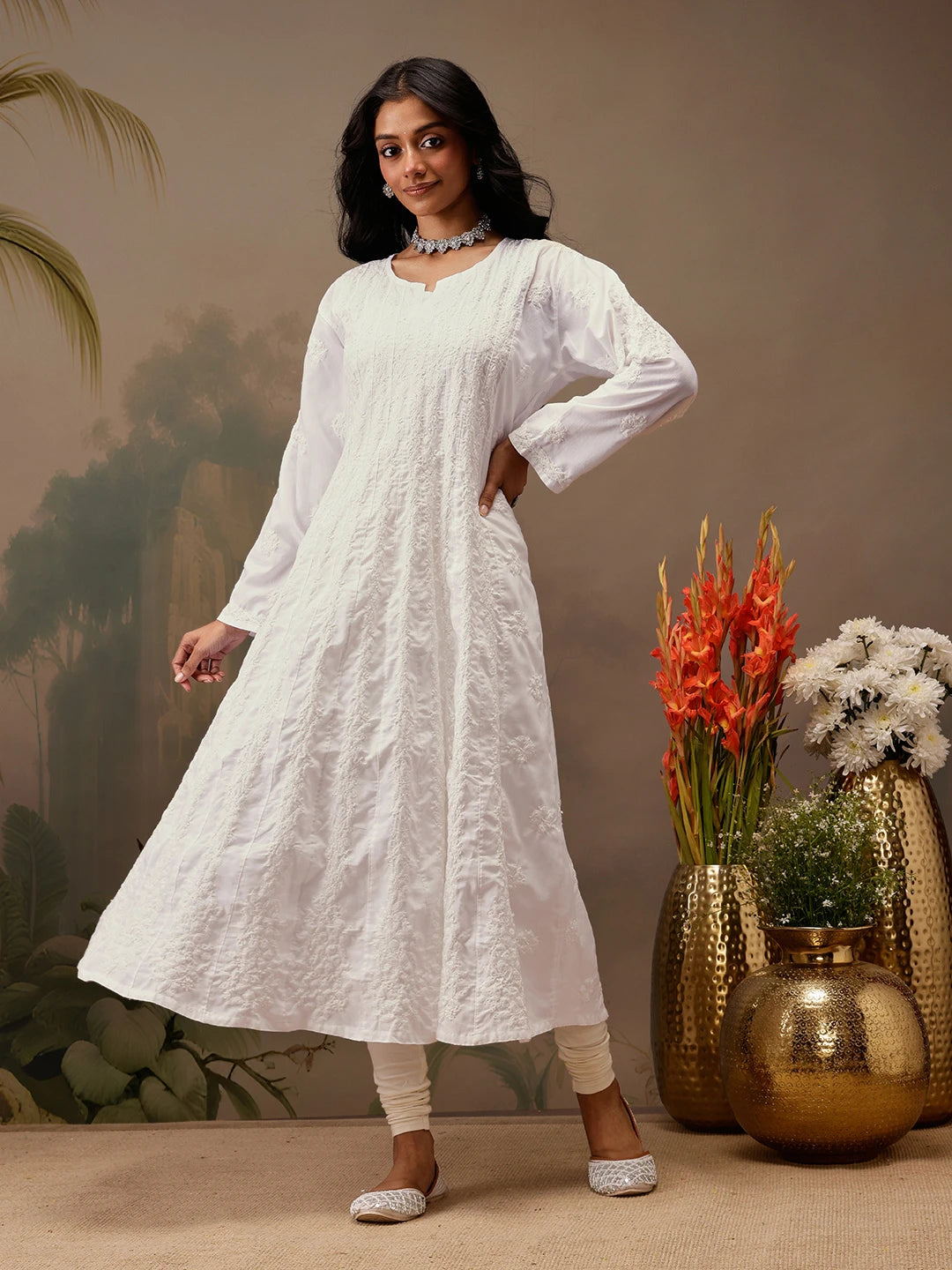 Ada Hand Embroidered White Cotton Lucknowi Chikankari Anarkali A-line Kurta A411737
