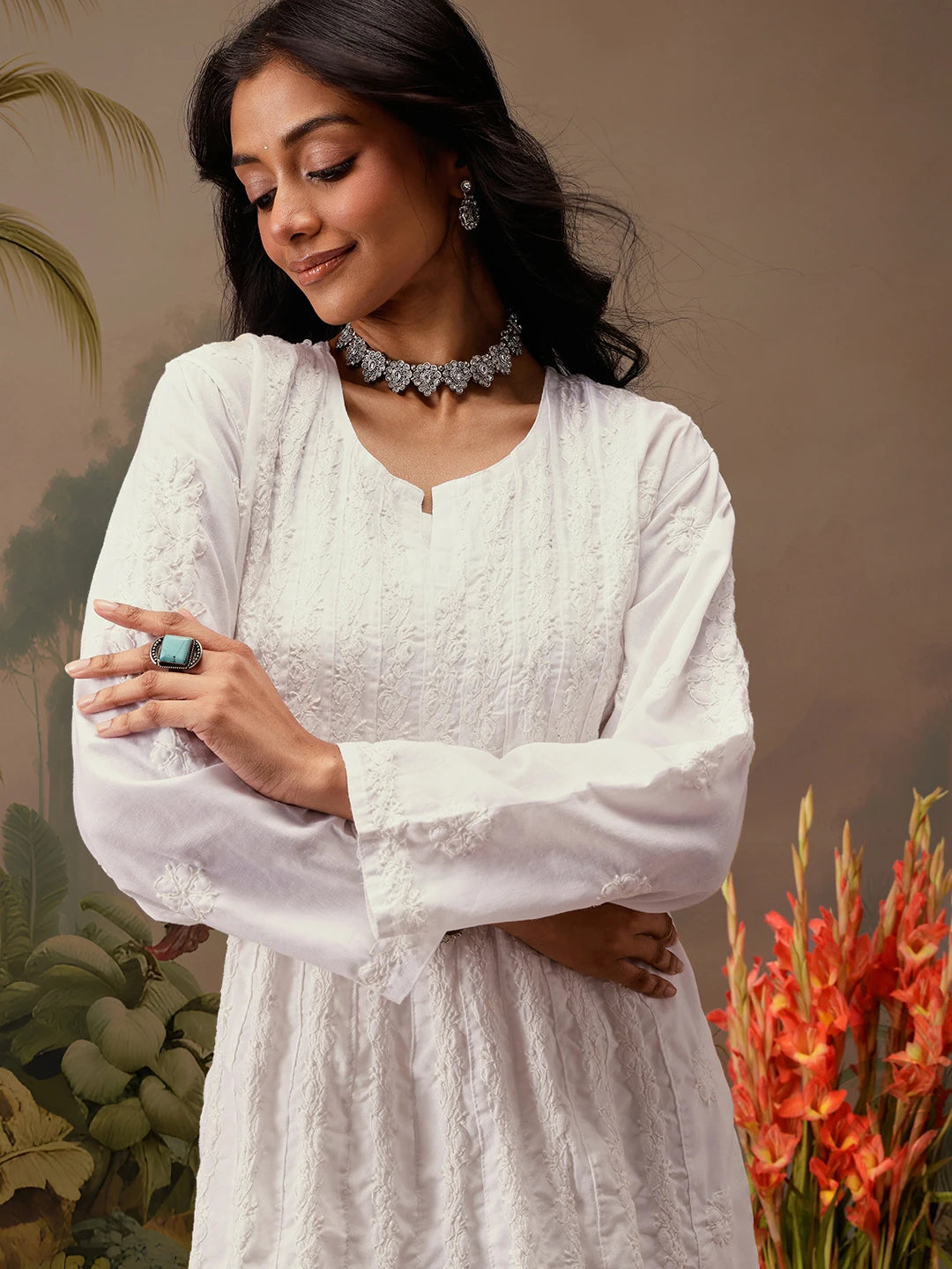 Ada Hand Embroidered White Cotton Lucknowi Chikankari Anarkali A-line Kurta A411737