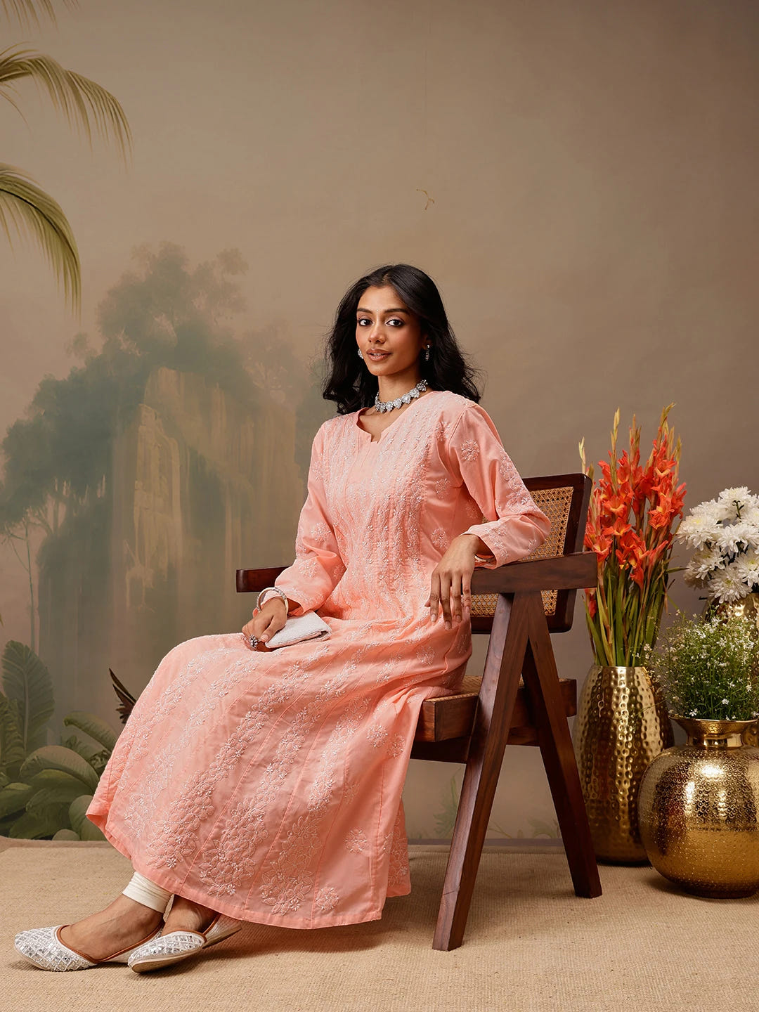 Ada Hand Embroidered Peach Cotton Lucknowi Chikankari Anarkali A-line Kurta A411742