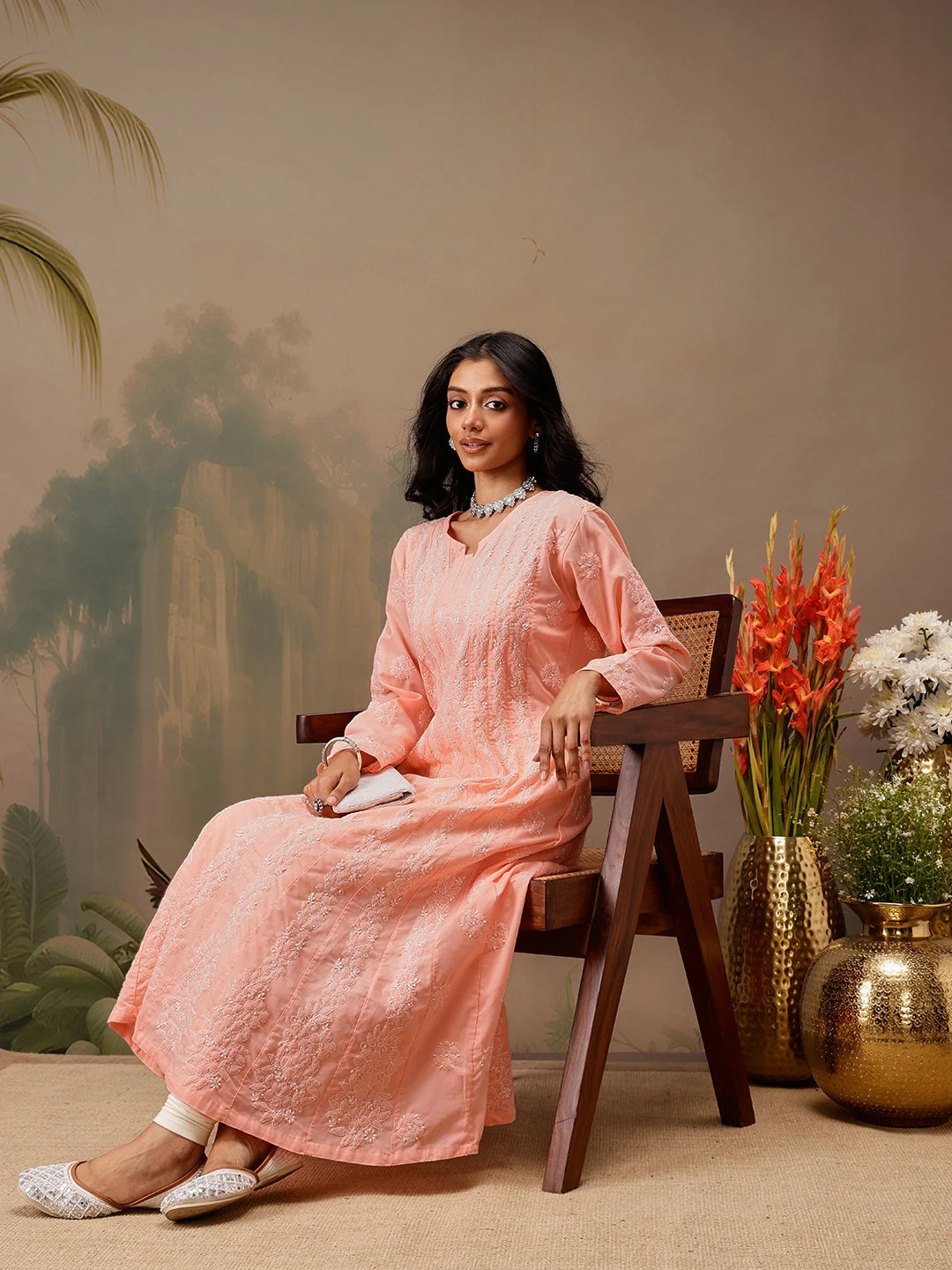 Ada Hand Embroidered Peach Cotton Lucknowi Chikankari Anarkali A-line Kurta A411742