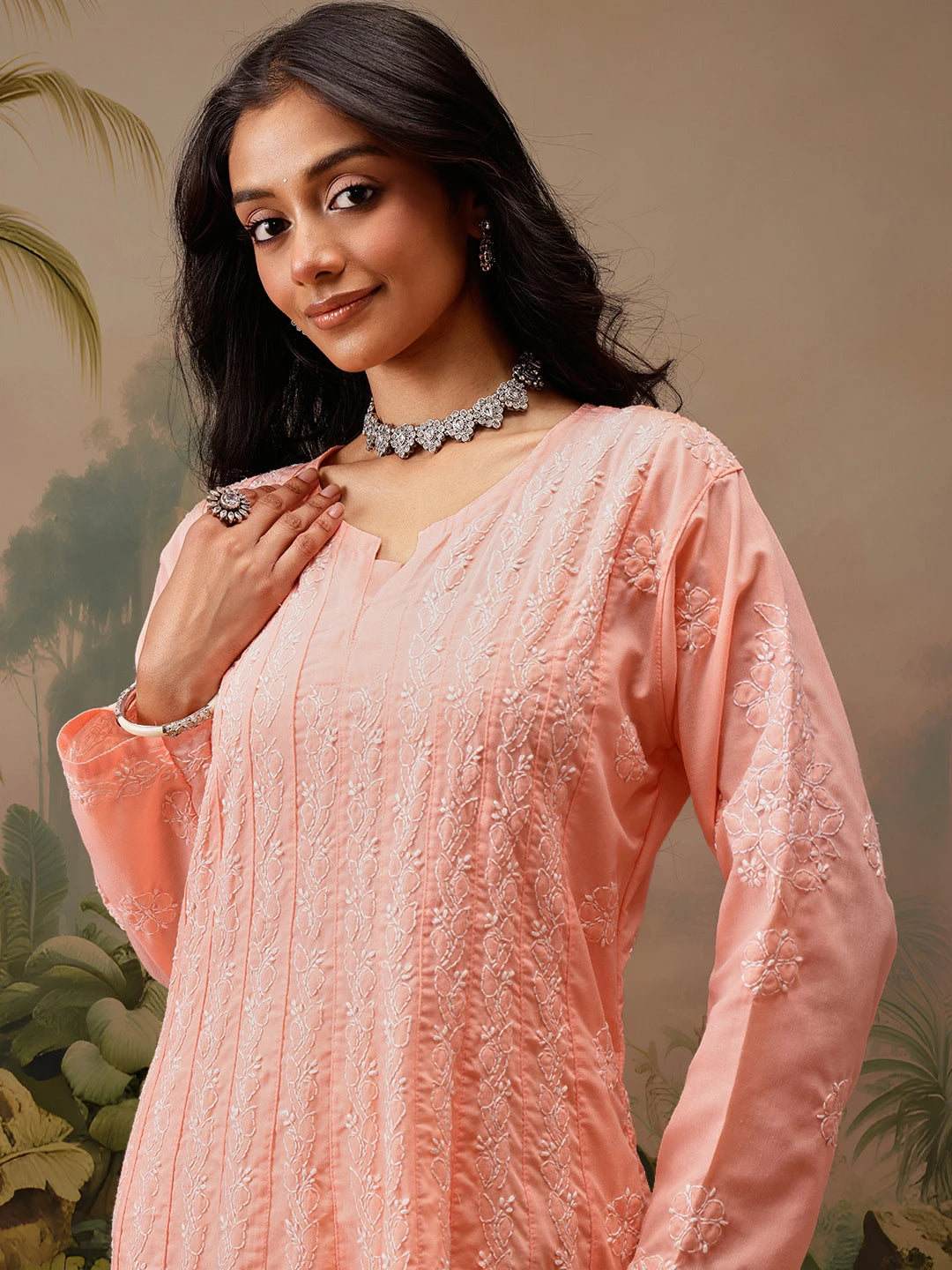 Ada Hand Embroidered Peach Cotton Lucknowi Chikankari Anarkali A-line Kurta A411742