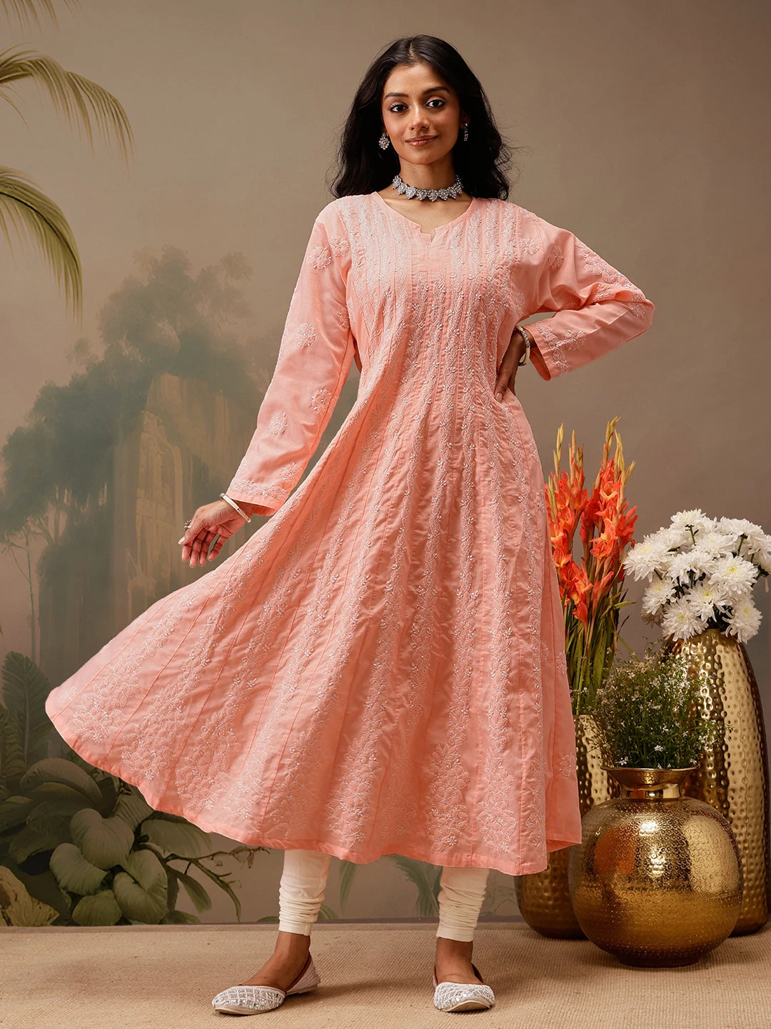 Ada Hand Embroidered Peach Cotton Lucknowi Chikankari Anarkali A-line Kurta A411742