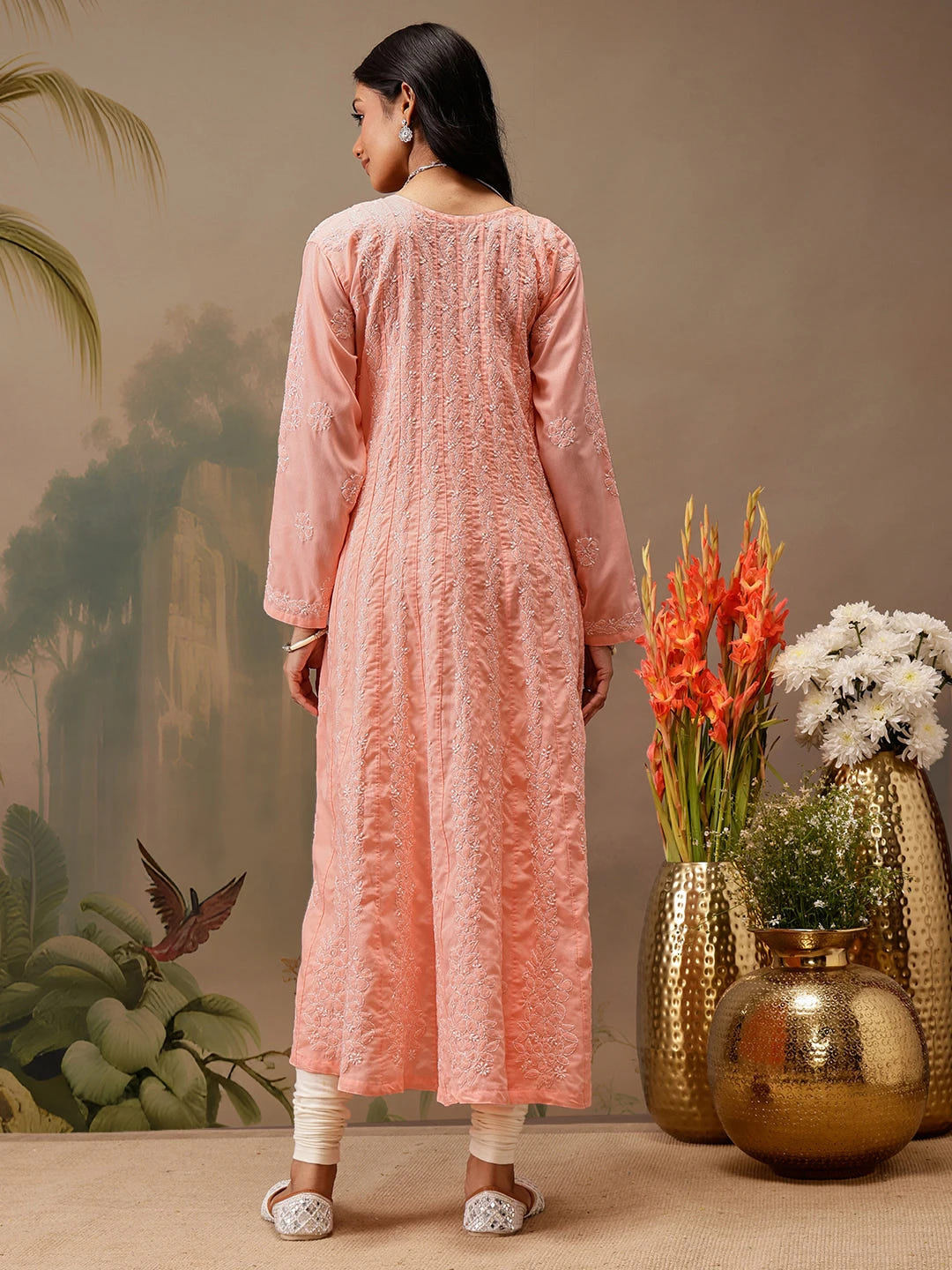 Ada Hand Embroidered Peach Cotton Lucknowi Chikankari Anarkali A-line Kurta A411742