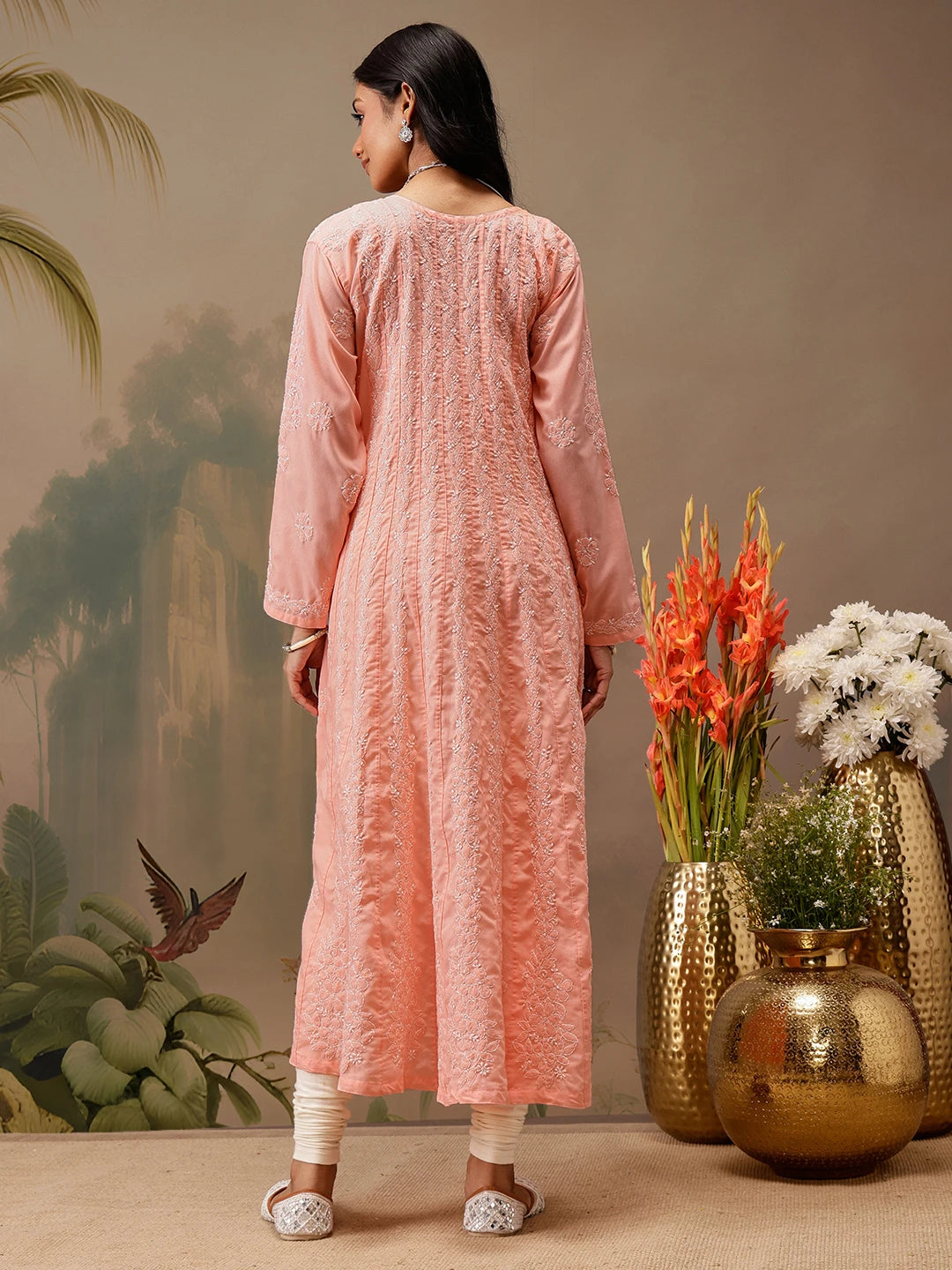 Ada Hand Embroidered Peach Cotton Lucknowi Chikankari Anarkali A-line Kurta A411742