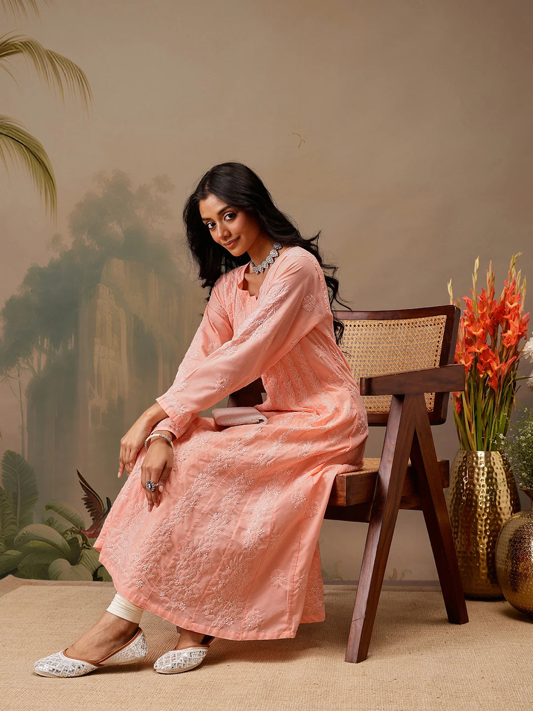 Ada Hand Embroidered Peach Cotton Lucknowi Chikankari Anarkali A-line Kurta A411742