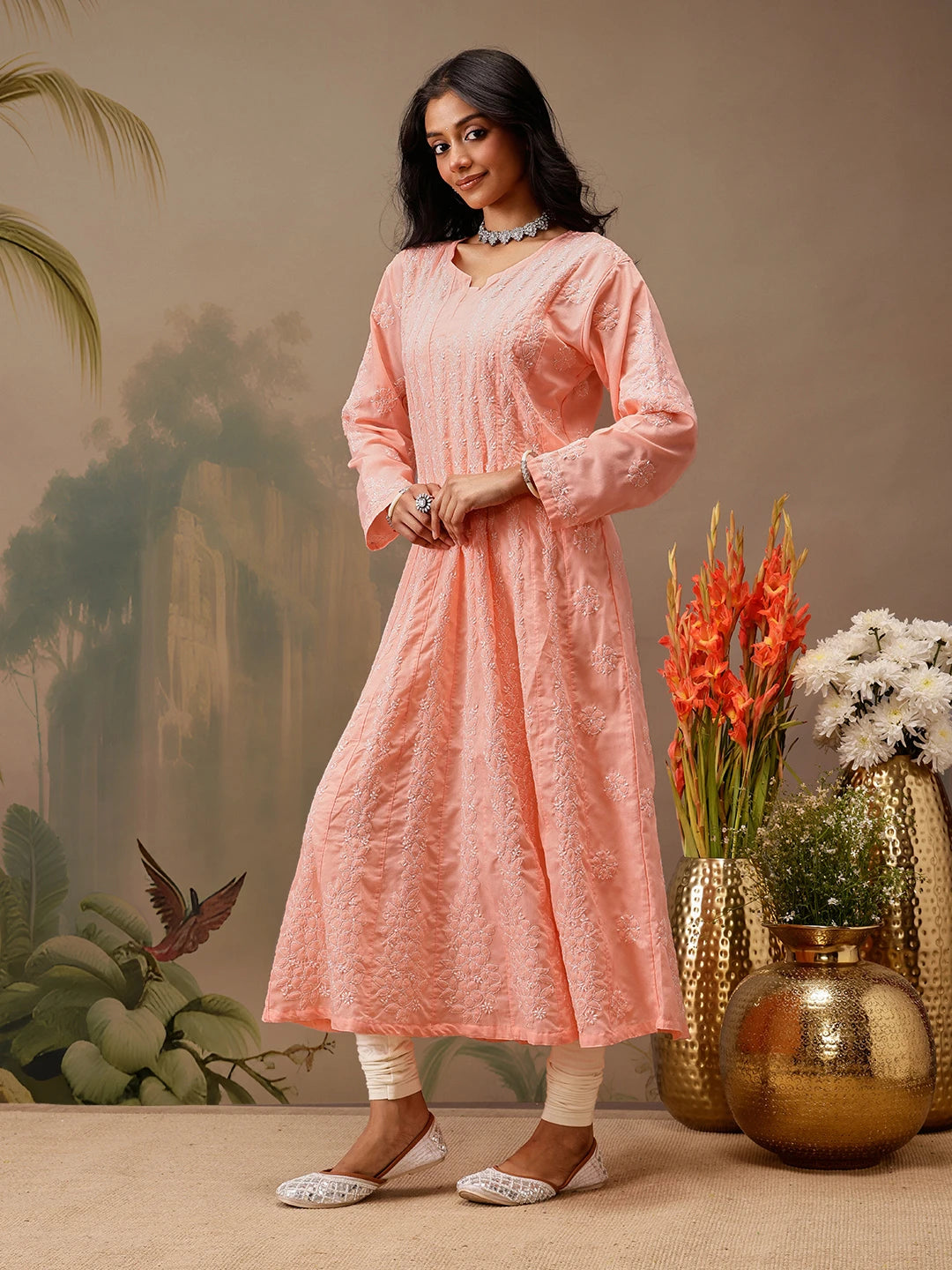 Ada Hand Embroidered Peach Cotton Lucknowi Chikankari Anarkali A-line Kurta A411742