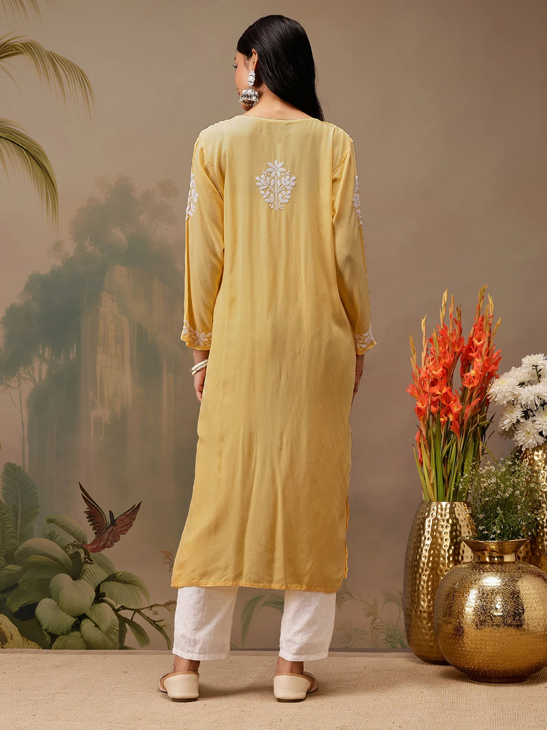Ada Hand Embroidered Yellow Rayon Lucknowi Chikankari Straight Kurta A411726
