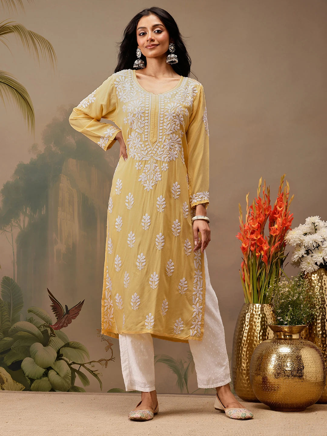 Ada Hand Embroidered Yellow Rayon Lucknowi Chikankari Straight Kurta A411726
