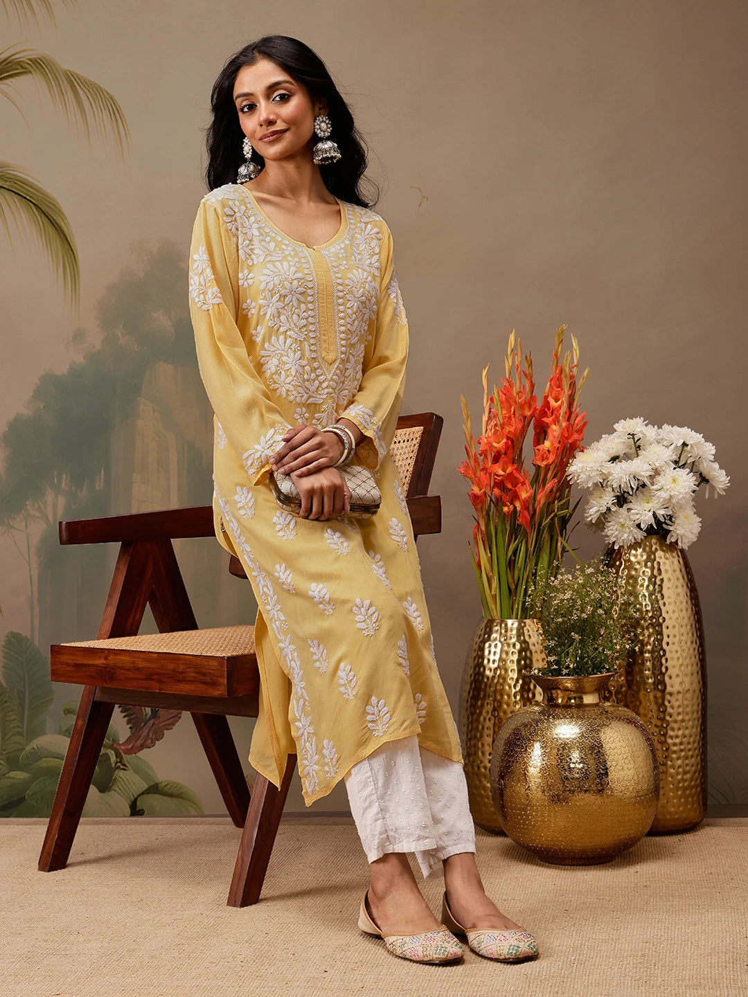 Ada Hand Embroidered Yellow Rayon Lucknowi Chikankari Straight Kurta A411726