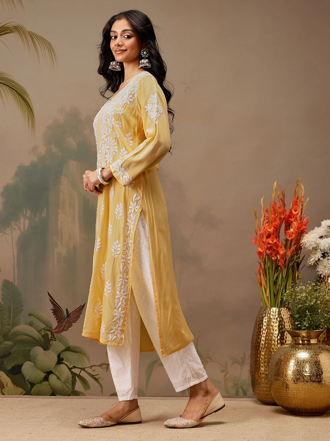 Ada Hand Embroidered Yellow Rayon Lucknowi Chikankari Straight Kurta A411726