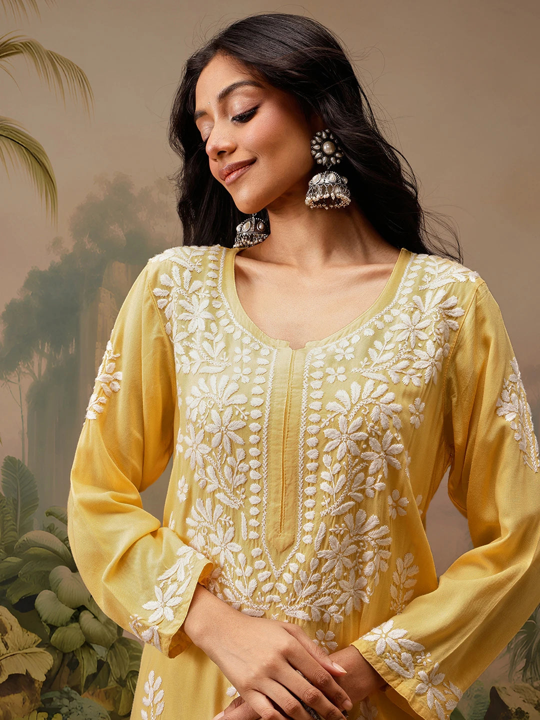 Ada Hand Embroidered Yellow Rayon Lucknowi Chikankari Straight Kurta A411726