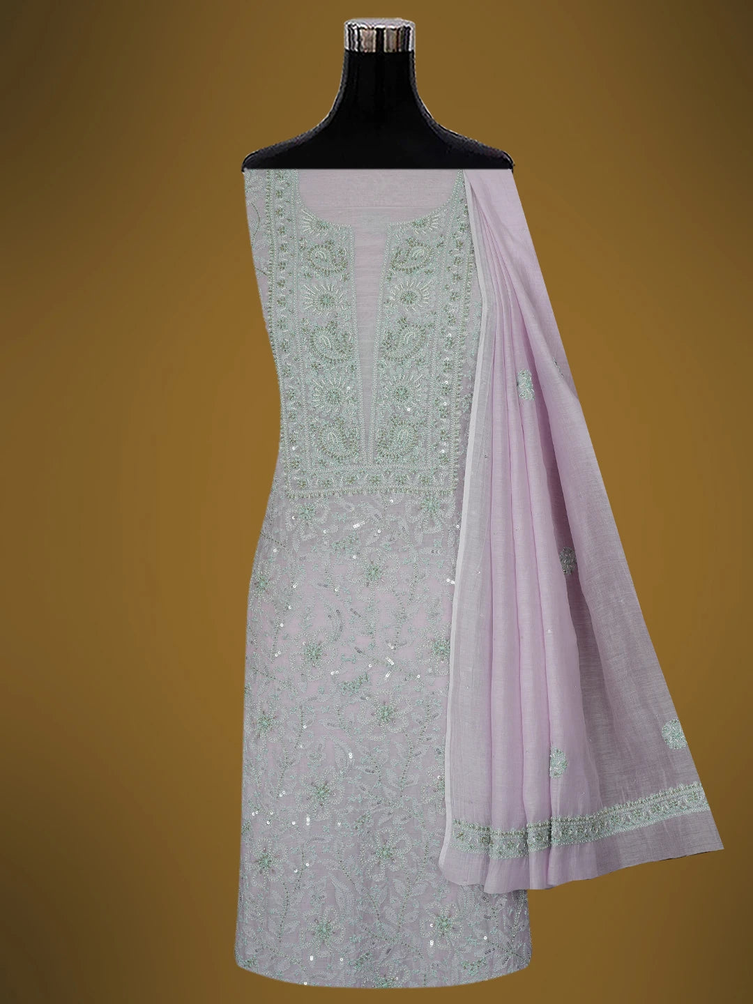 Ada Hand Embroidered Lavender Chanderi Lucknowi Chikankari Unstitched Kurta Dupatta Set With Cutdana Work 01A610212