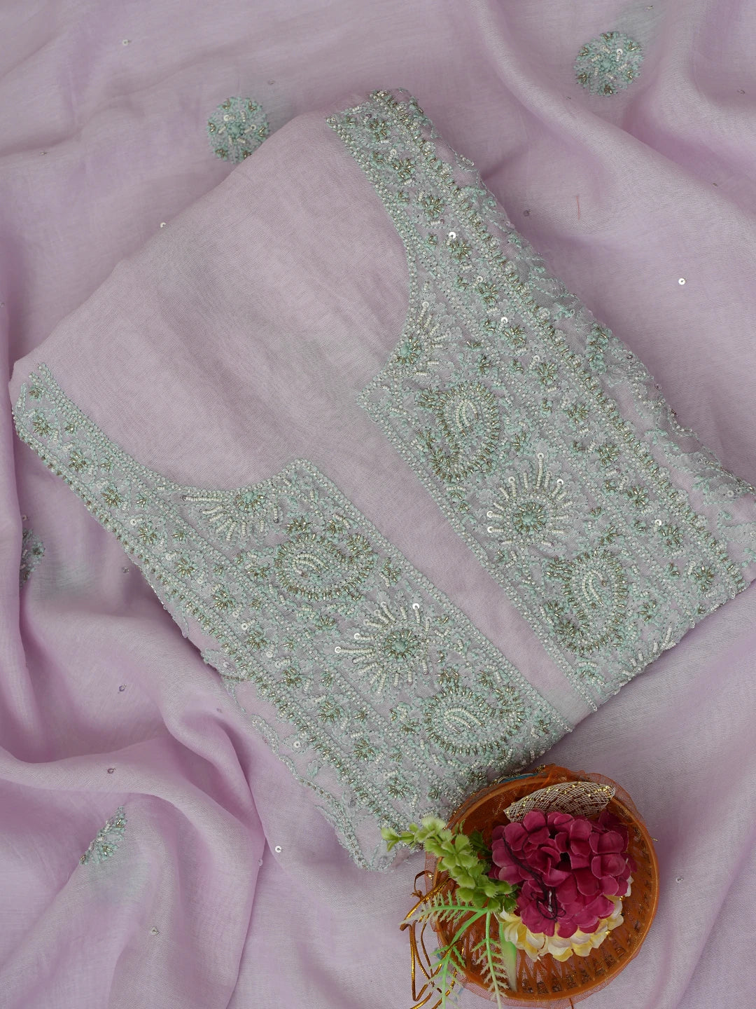 Ada Hand Embroidered Lavender Chanderi Lucknowi Chikankari Unstitched Kurta Dupatta Set With Cutdana Work 01A610212