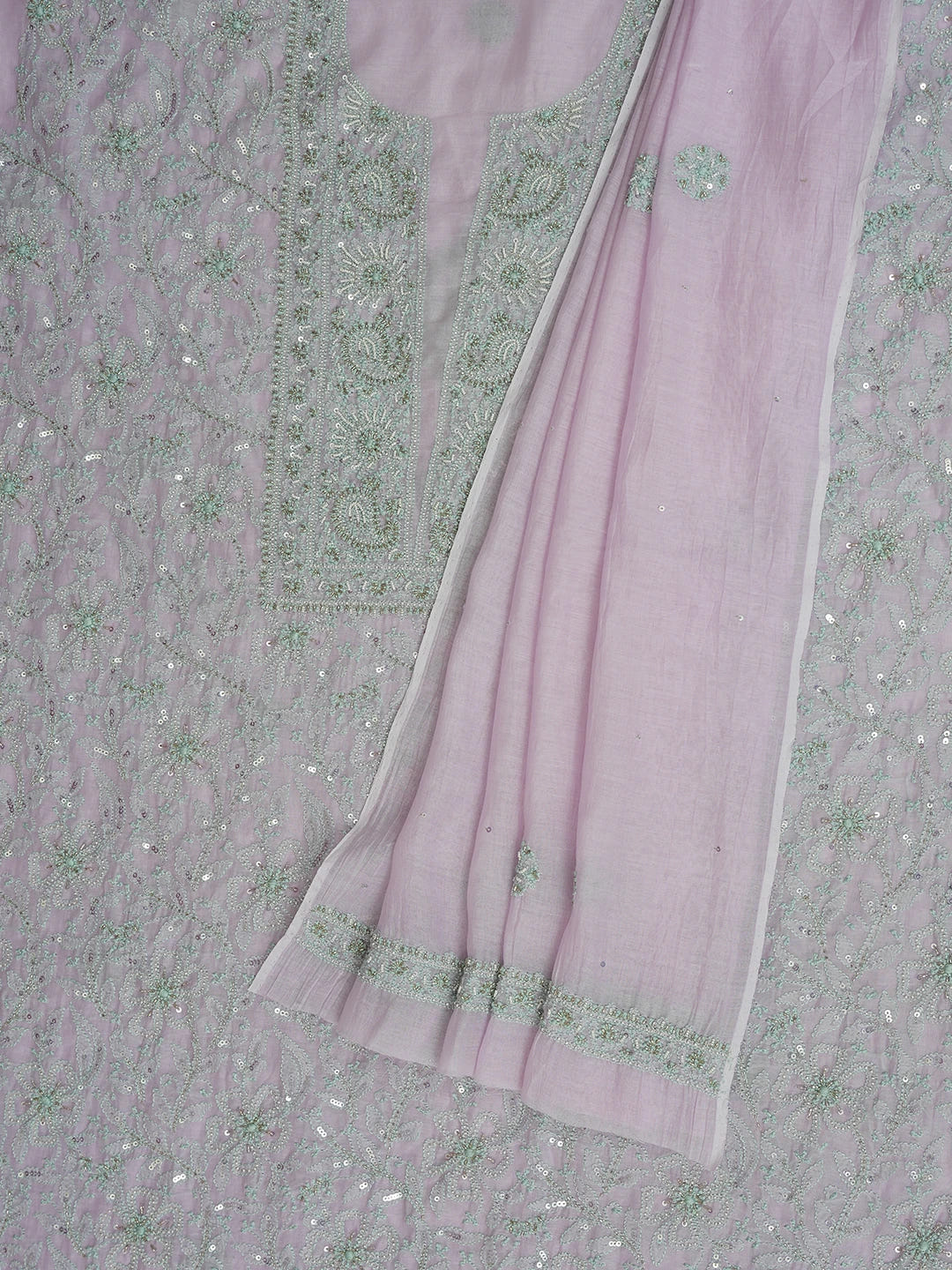 Ada Hand Embroidered Lavender Chanderi Lucknowi Chikankari Unstitched Kurta Dupatta Set With Cutdana Work 01A610212